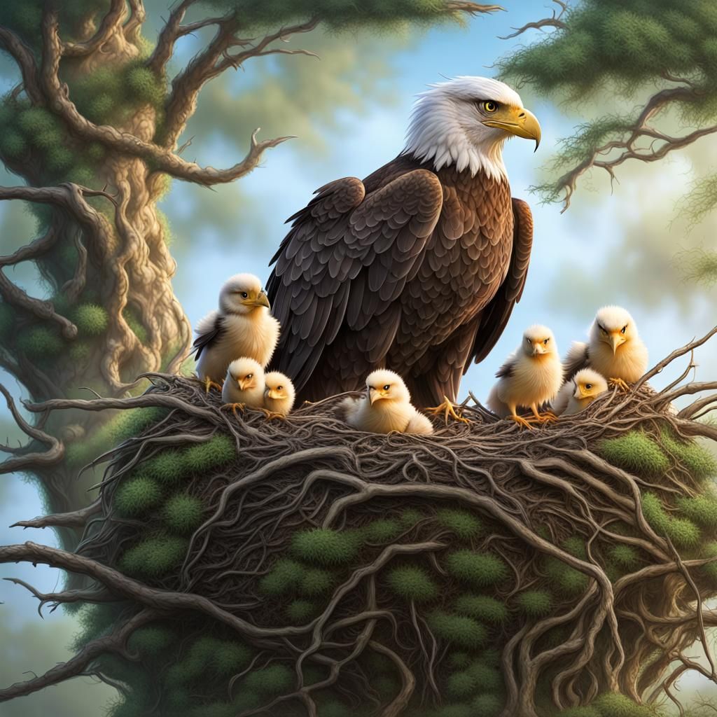 Eagle Protecting Eaglets in Anime Style
