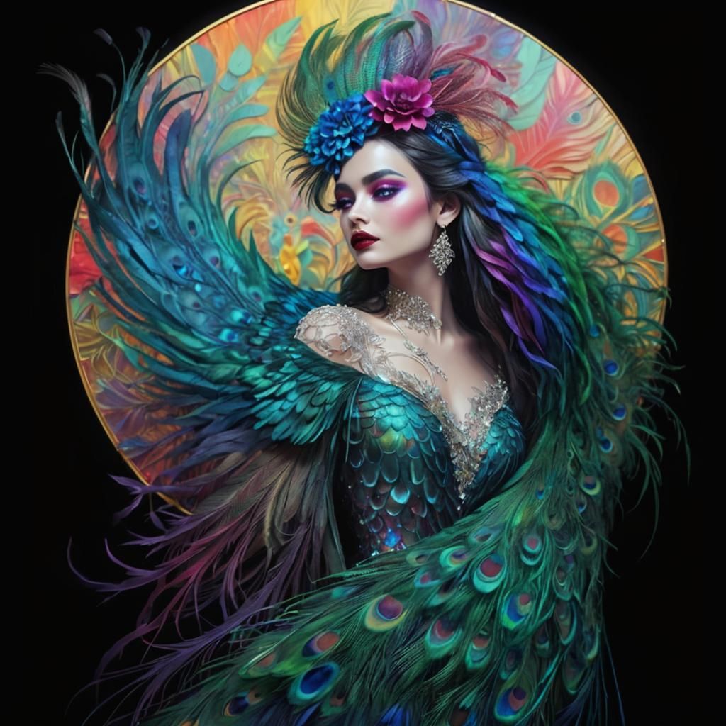 Rainbow Woman in Peacock Feather Room: 3D Render