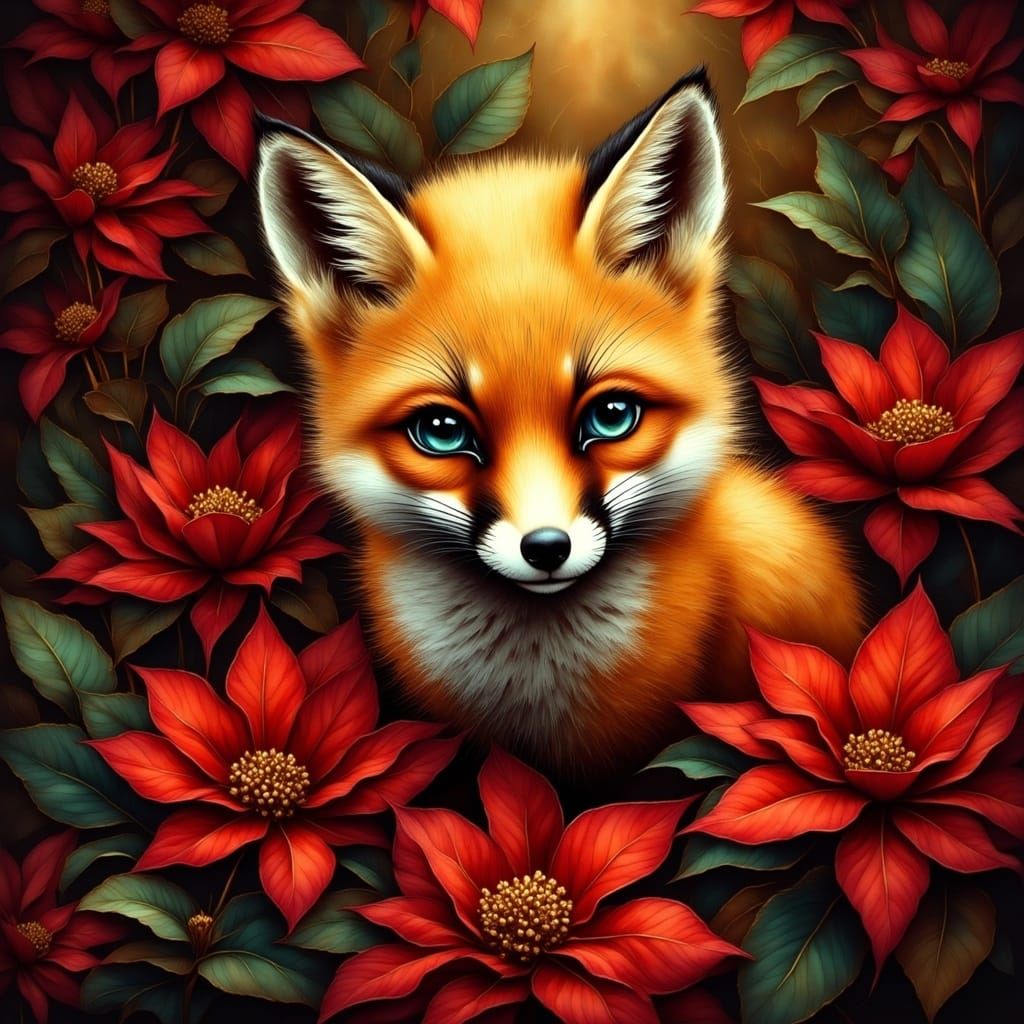 Enchanting Baby Fox in Golden Poinsettia Scene