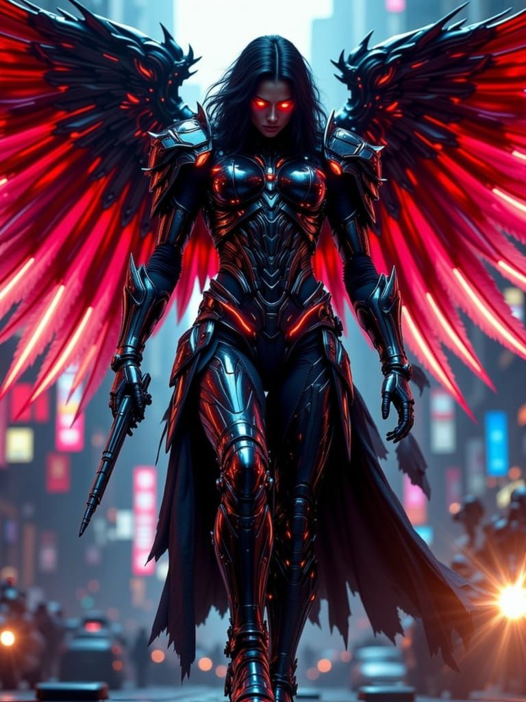 Cybernetic Angel in Futuristic Cityscape