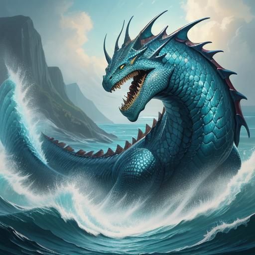 Giant Sea Serpent Emerges: Vibrant Oil Painting