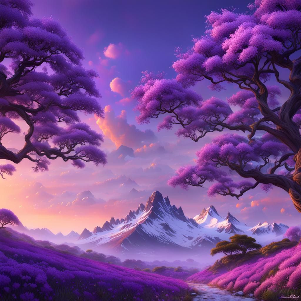 Snowy Mountain with Jacaranda Trees, Fantasy Landscape