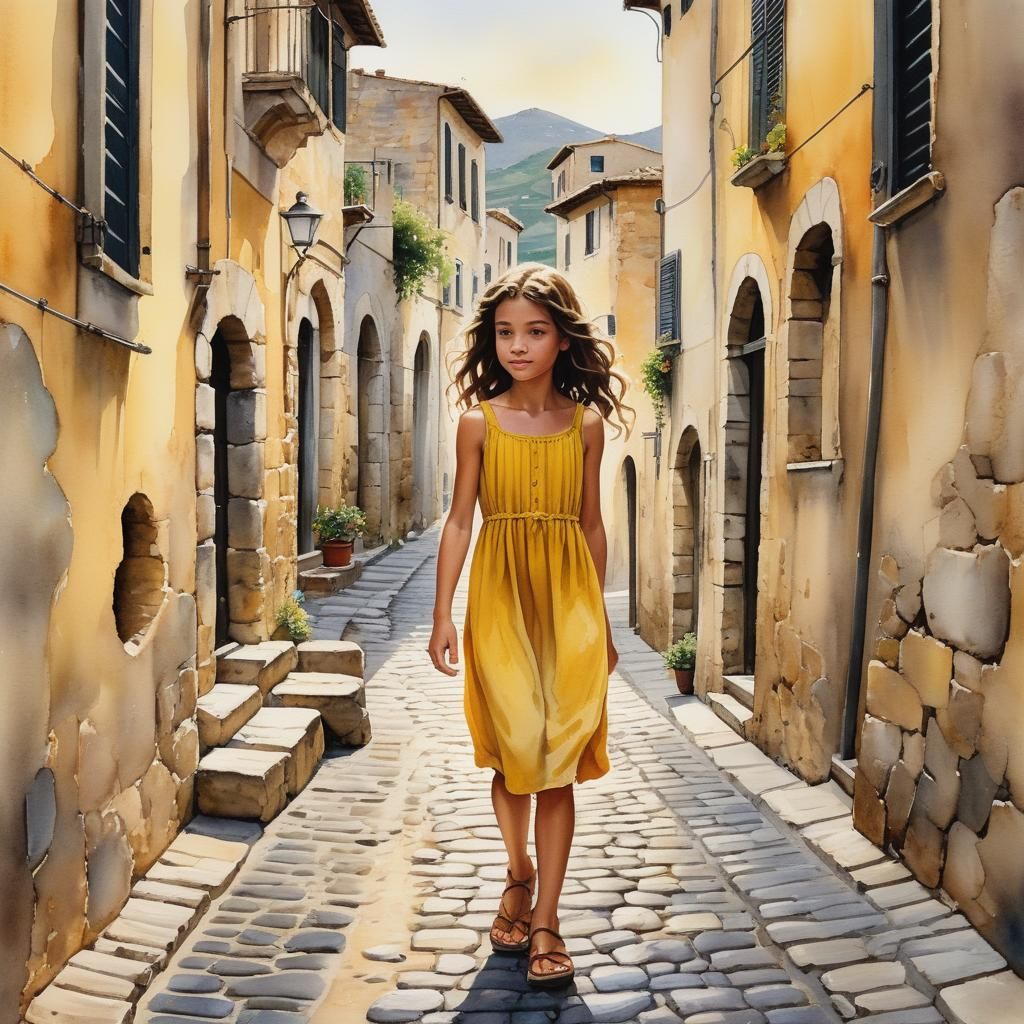 Italian Girl in Village Street: Watercolor Painting