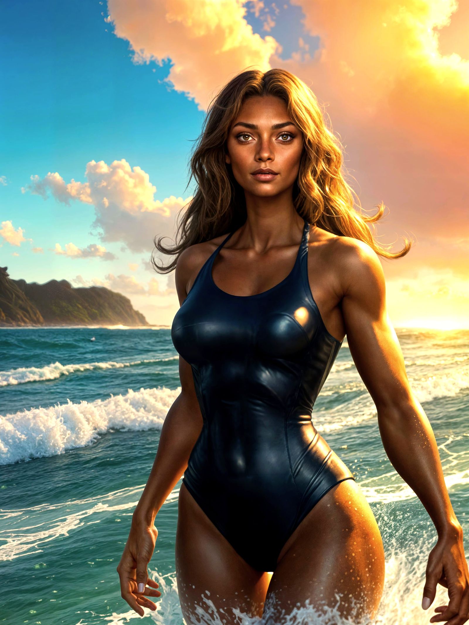 A beautiful woman wearing a swimsuit on a beach.