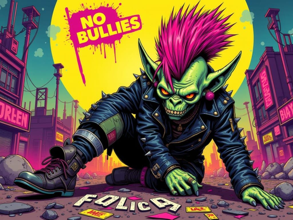 Punk Rock Gremlin Crushes 'No Bullies' in Comic Art Style