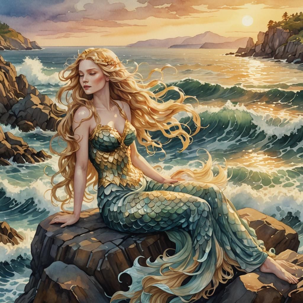 Mythical Siren Singing on Rocky Coastline