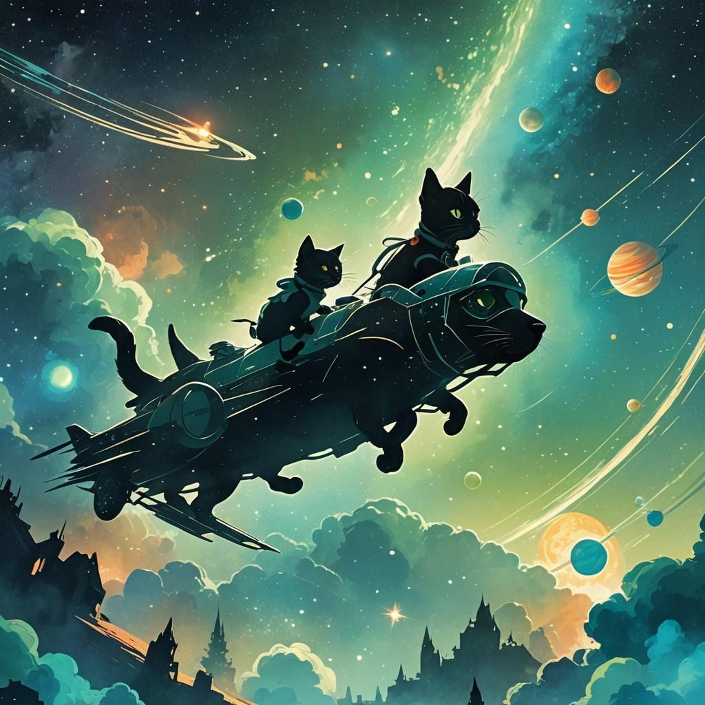 Cat and Dog Fly Jet Through Galaxy in Sci-Fi Style
