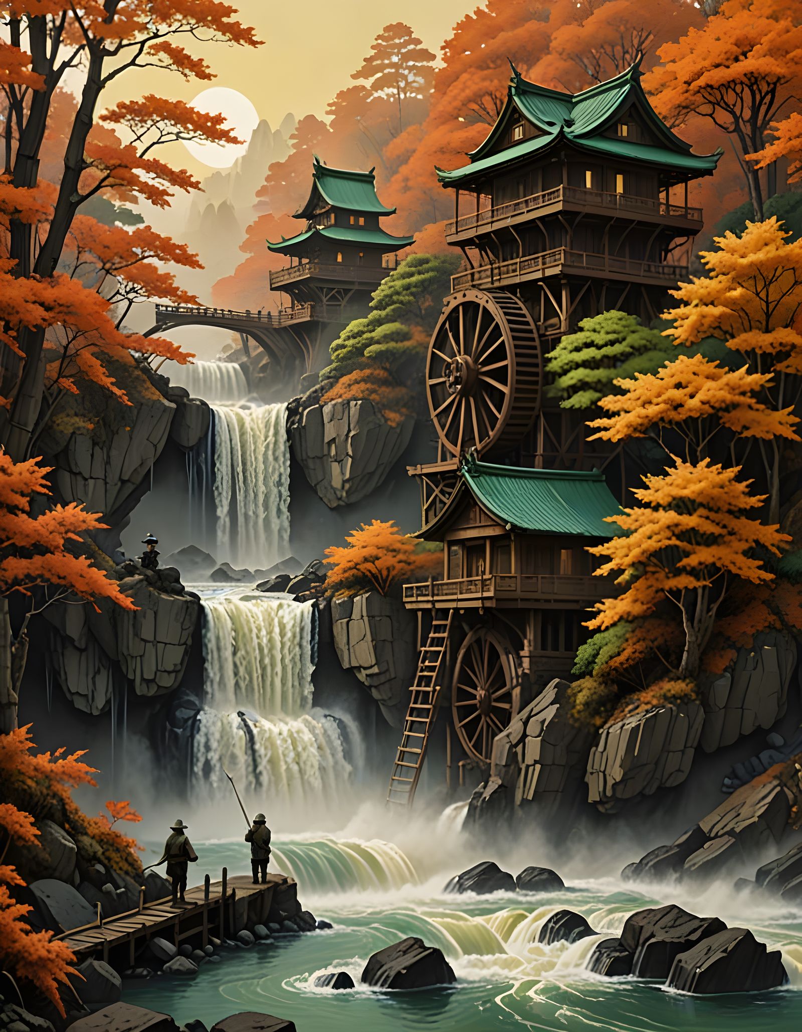 Autumn Waterfall Scene with Steampunk Samurai Fishermen