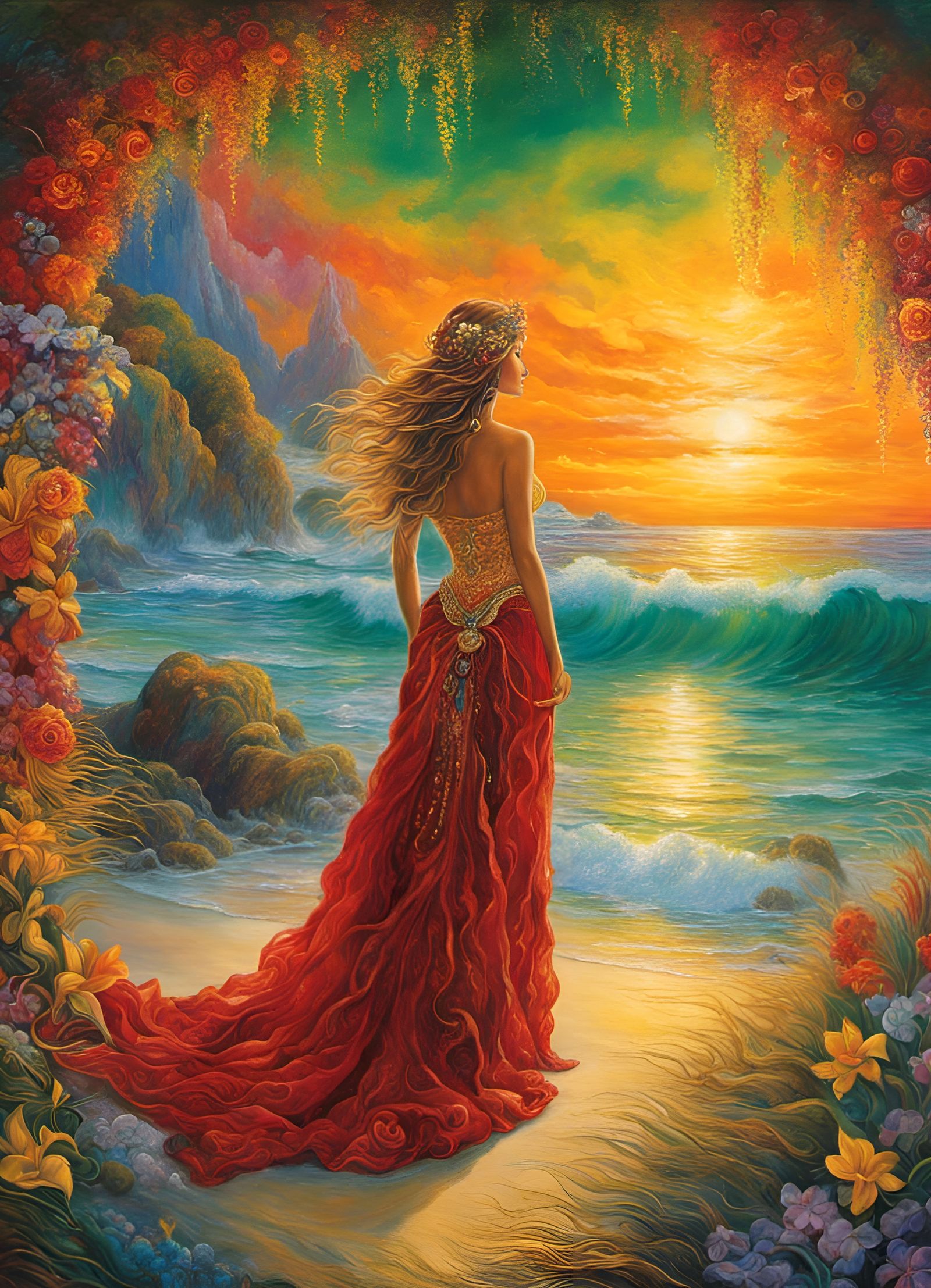 Elegant Woman Embracing a Sunset on the Beach