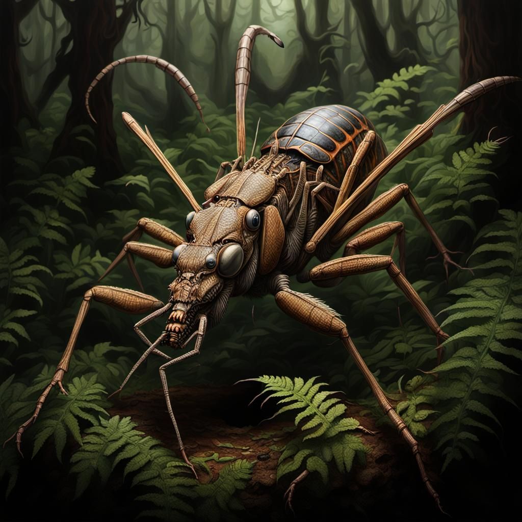 Giant Weta Eats Car in Dark Forest, Rutkowski Style