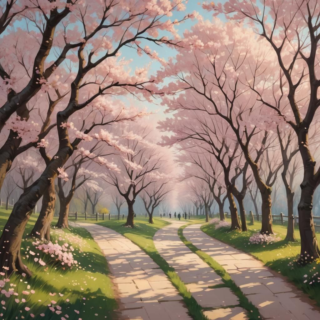 Cherry Blossom Path: Impressionist Concept Art