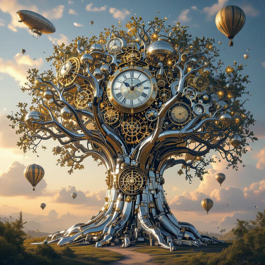 Chrome Clockwork Tree Under Dirigible Sky