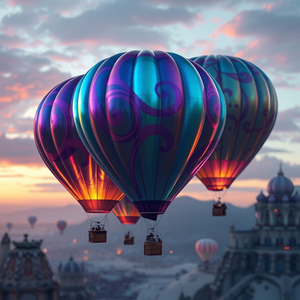 Vibrant Hot Air Balloons in a Whimsical, Iridescent Landscap...
