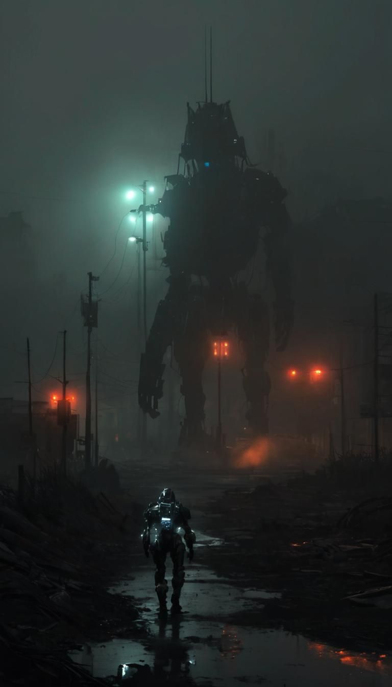 Armored Mech in Silent Hill: Gritty Cyberpunk Illustration