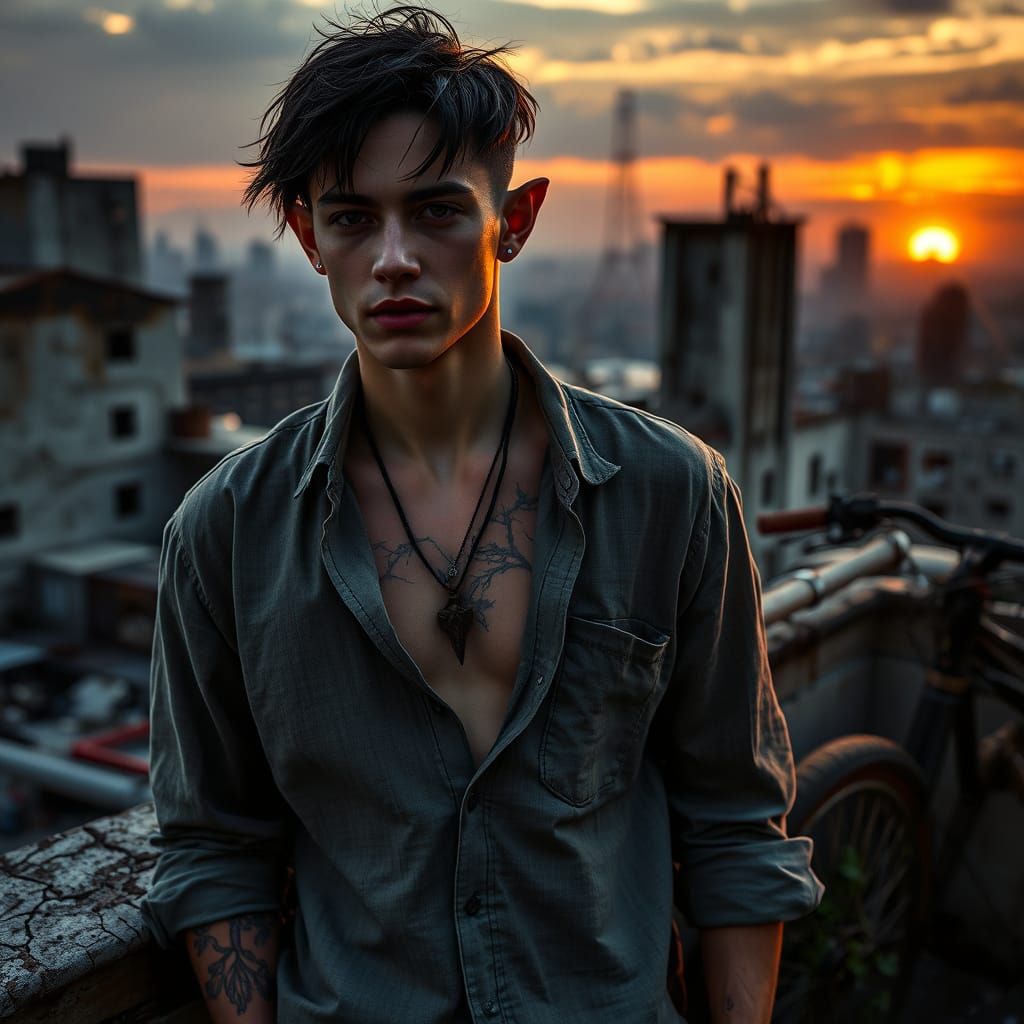 Ruined Cityscape: Androgynous Elf in Hyperrealistic HDR
