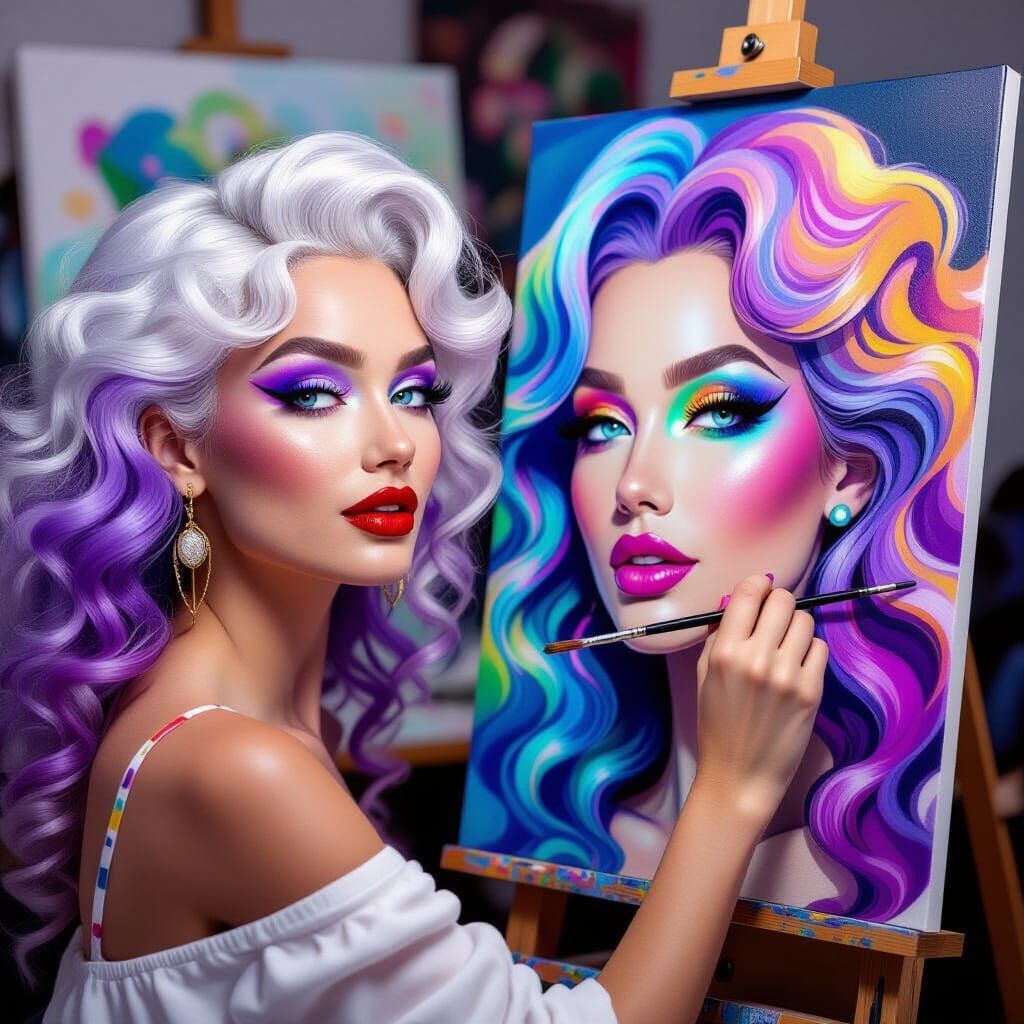 Glamorous Woman Painting Self-Portrait with Rainbow Hair
