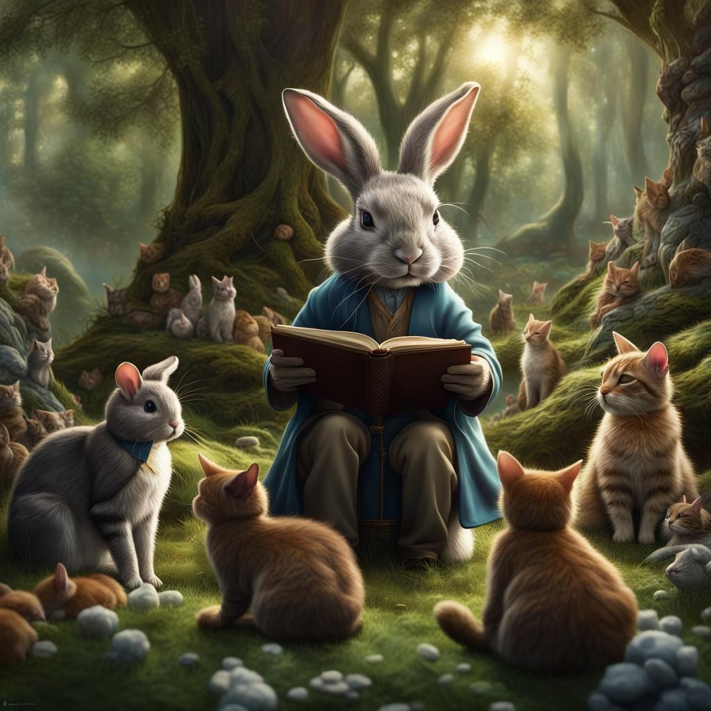 Rabbit Wizard Conjuring Forest Magic, Hyperrealistic
