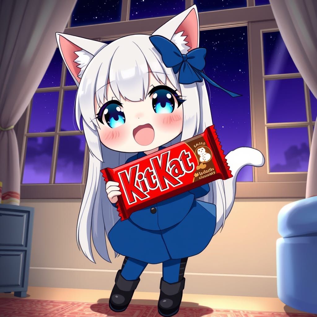 Adorable Anime Catgirl Delights in Kit Kat Treat Under Spark...