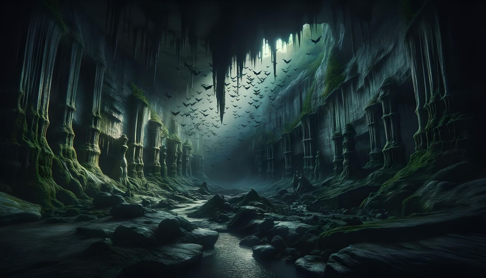 Cinematic Bat Lair Interior with Luminescent Fungi