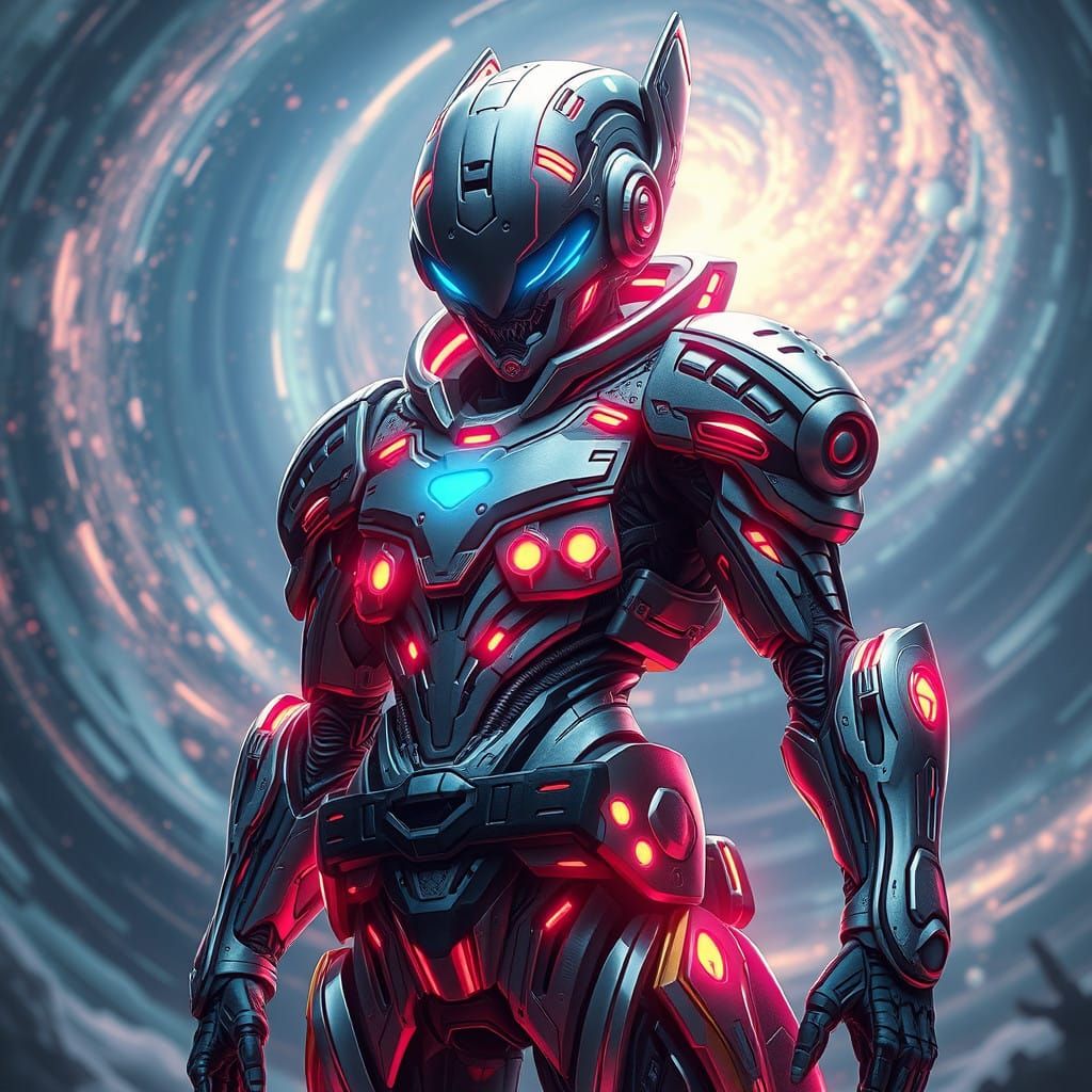 Cyberpunk Alien Warrior in Neon-Lit Exosuit