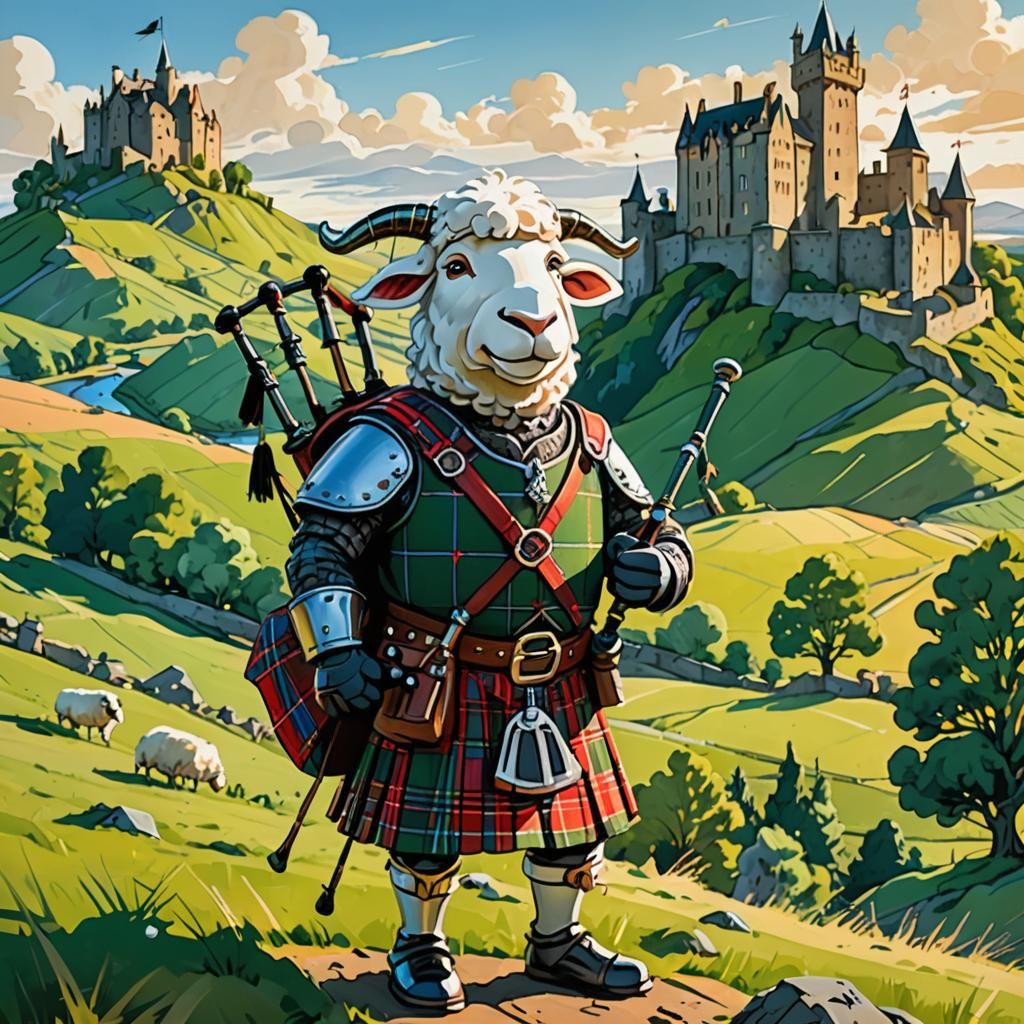 Scottish Knight with Bagpipes Cartoon Caricature