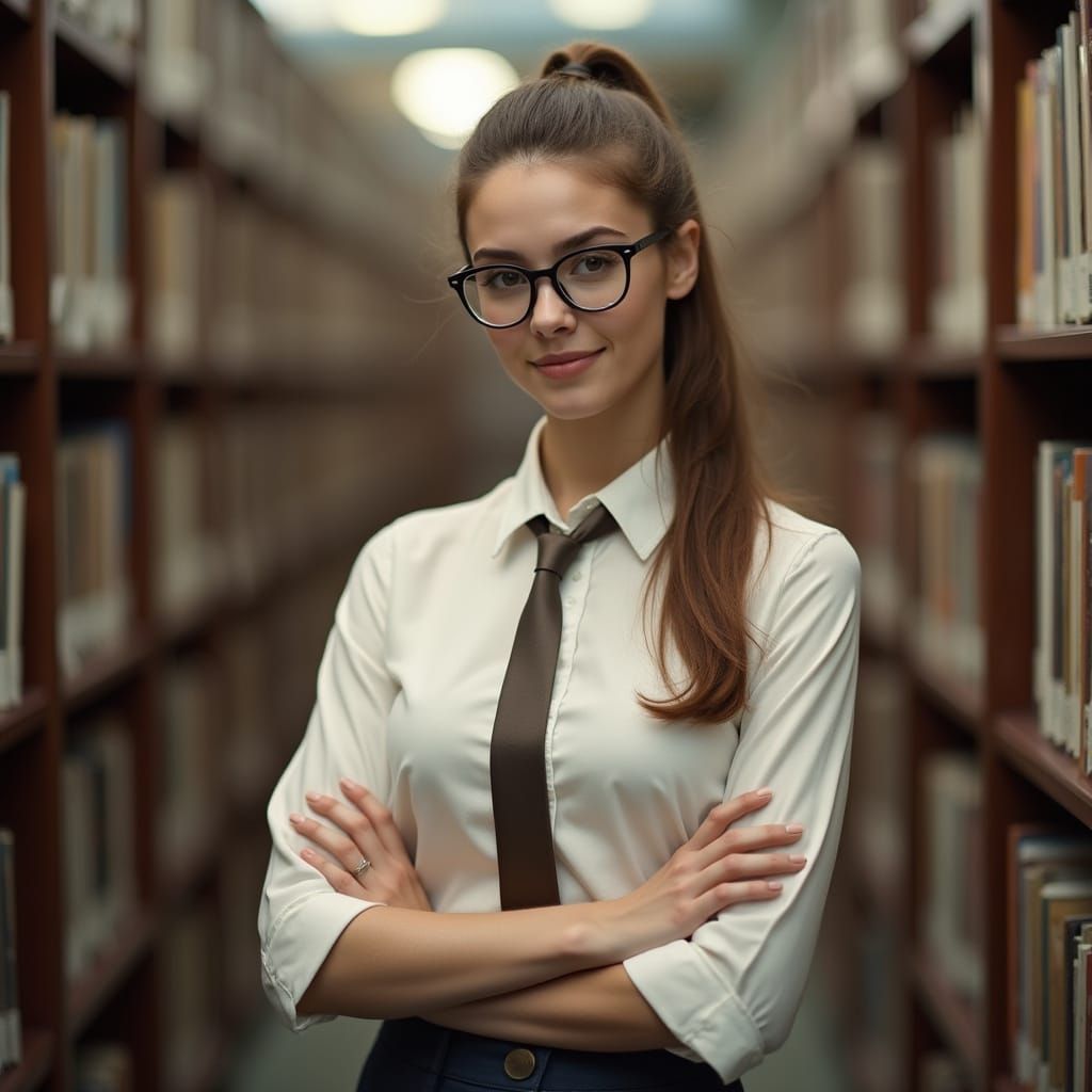 Hyperrealistic Photo of Woman Studying in Bustling Library