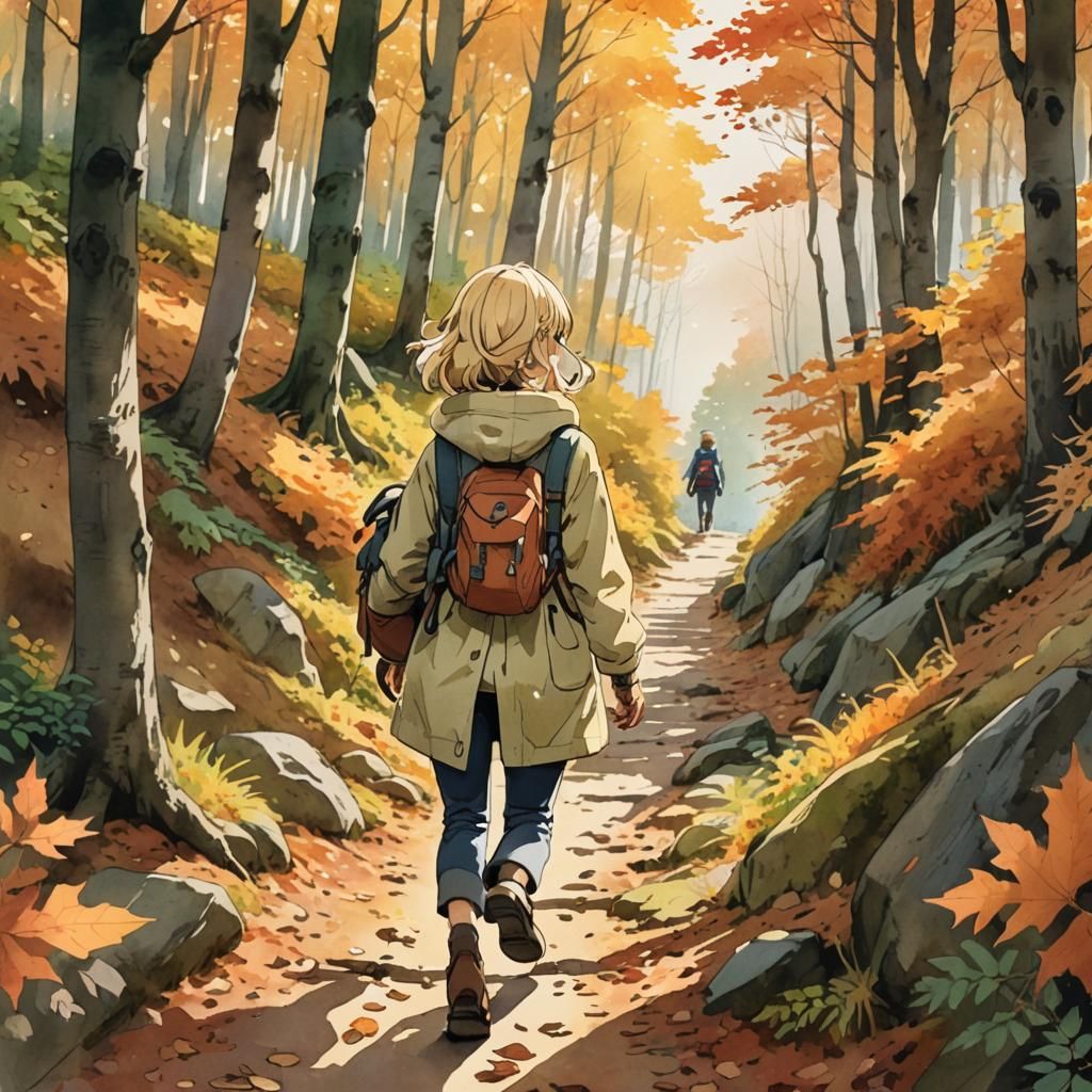 Anime Girl Hiking in Autumn Woods, Ghibli Style