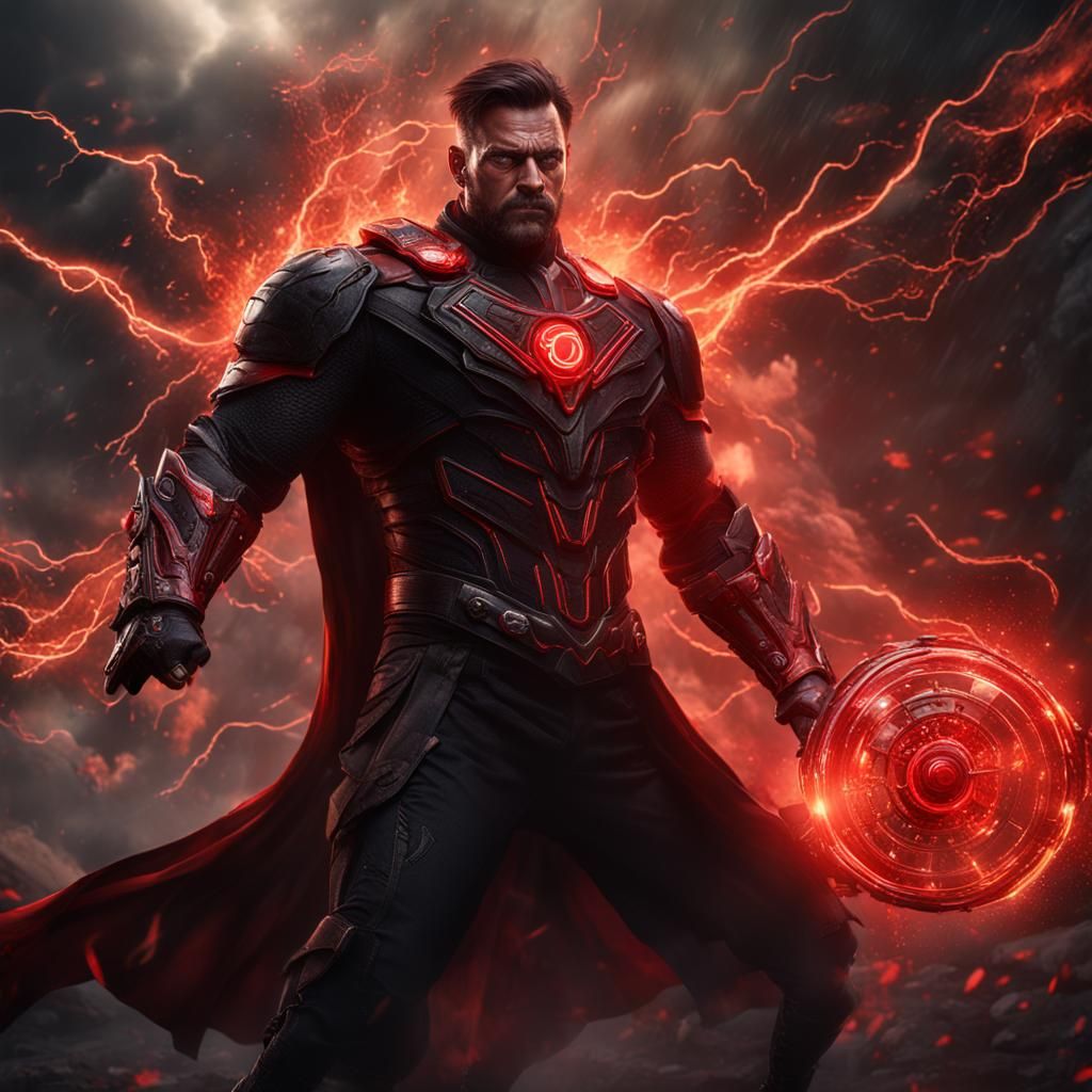 Superpowered Man in Black and Red, Fantasy Art