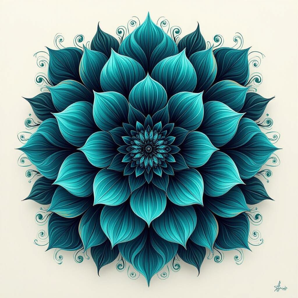 Teal and Black Floral Mandala in Digital Painting Style