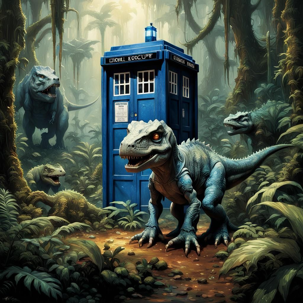 Chibi T-Rex and TARDIS in Jungle, Cel-Shaded Art