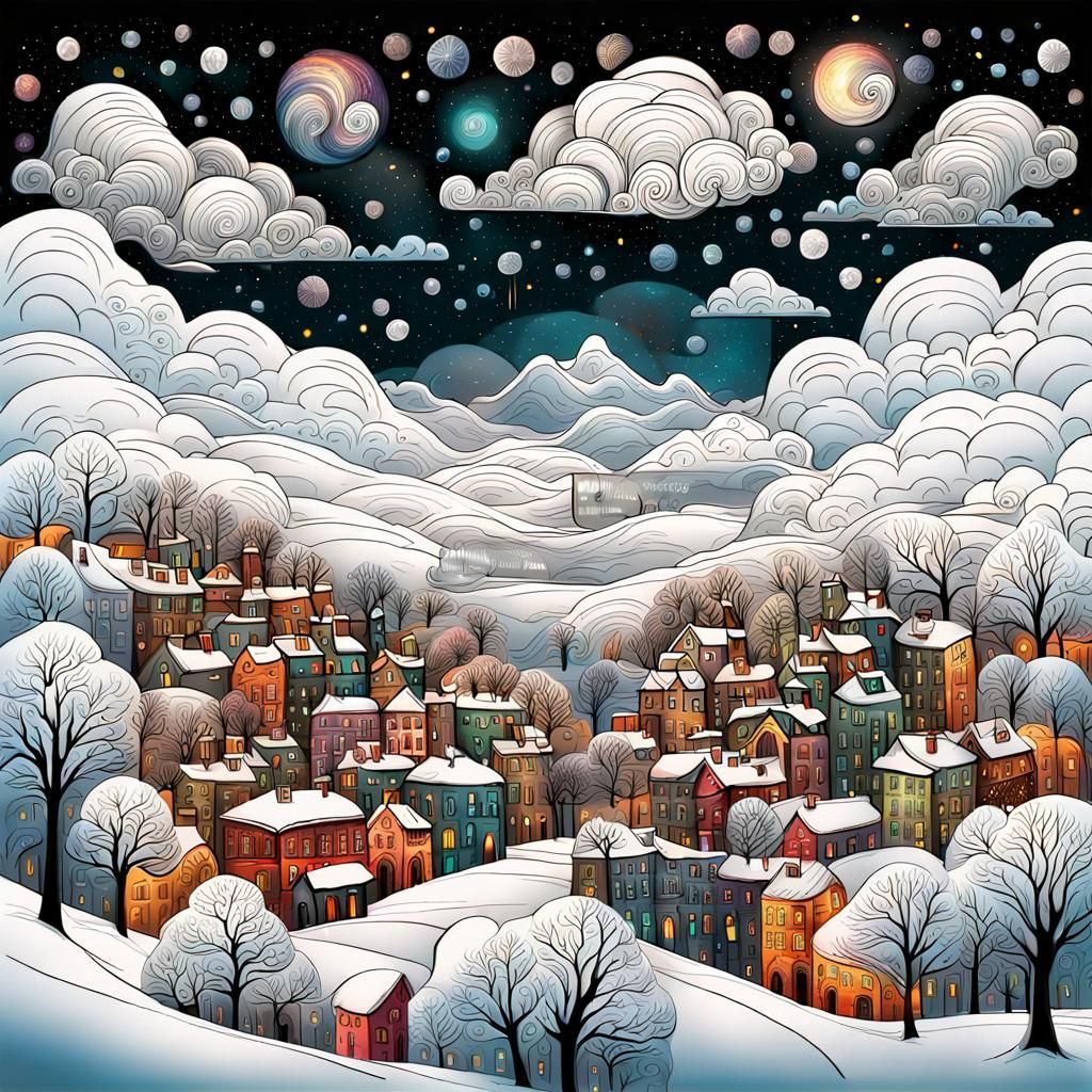 City in the Clouds: Snowing Envelopes in Folk Art Style
