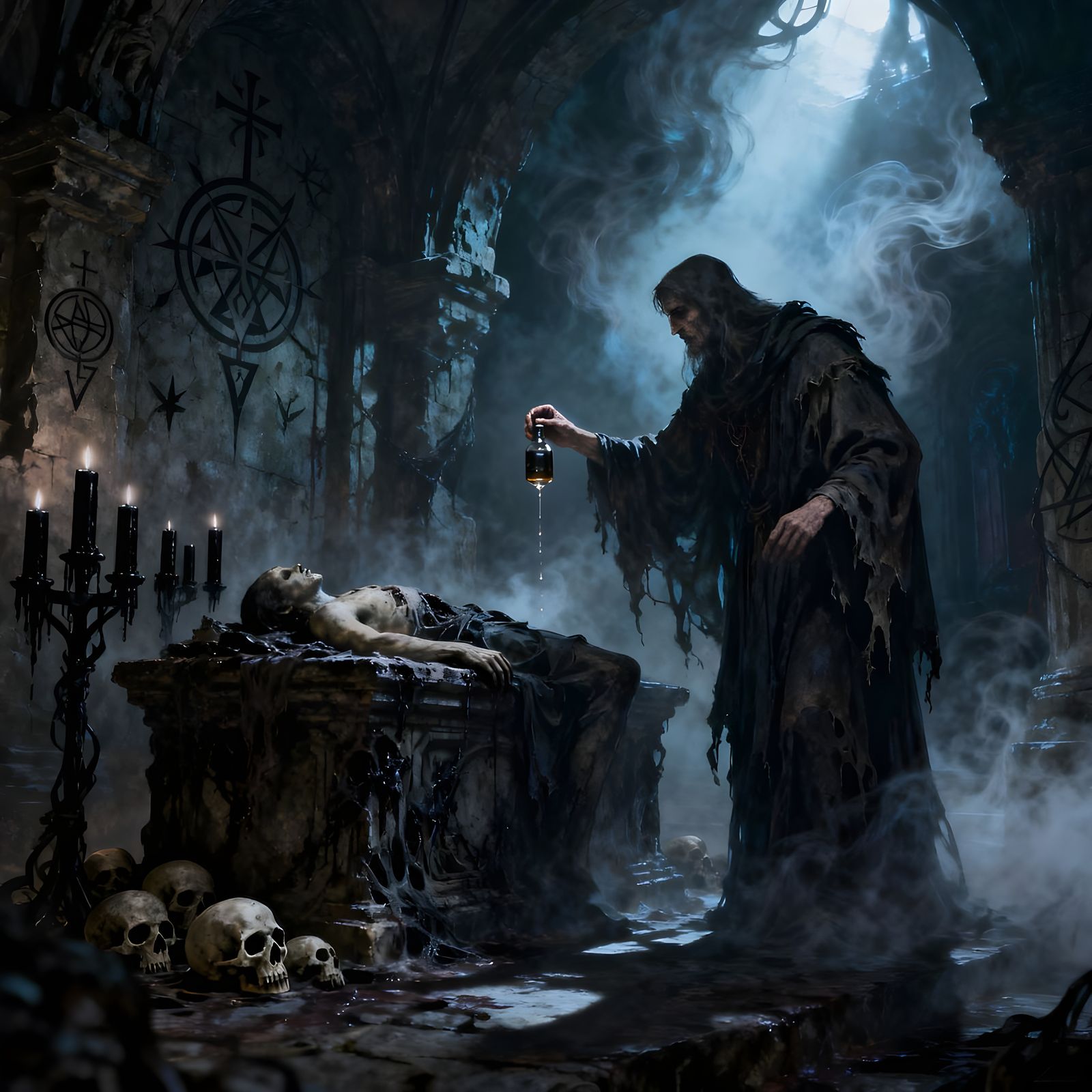 Sinister Crypt Scene with Great Evil Symbolism