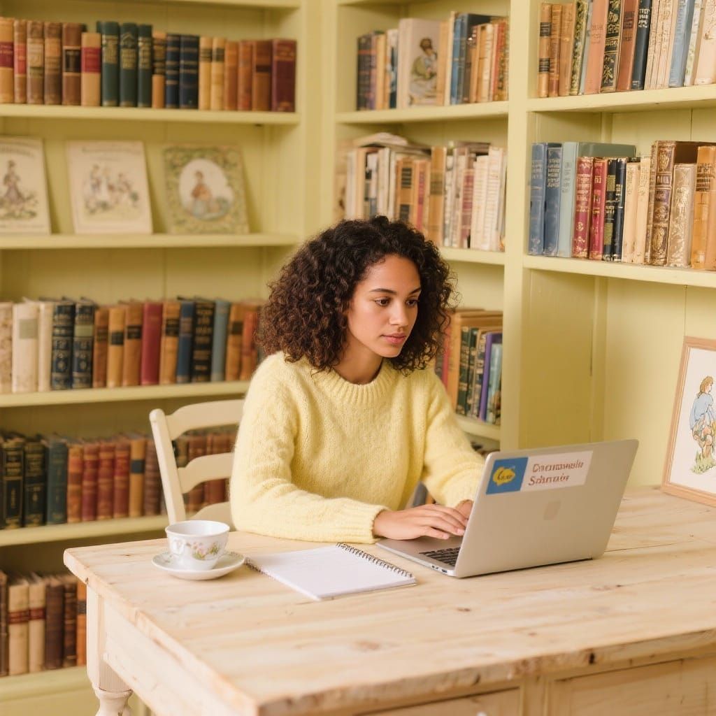 Woman Studying Spanish Online in Serene Cottage Study