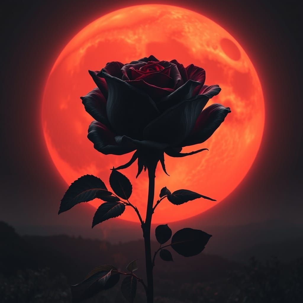 Giant Black Rose Burns Under Blood Moon
