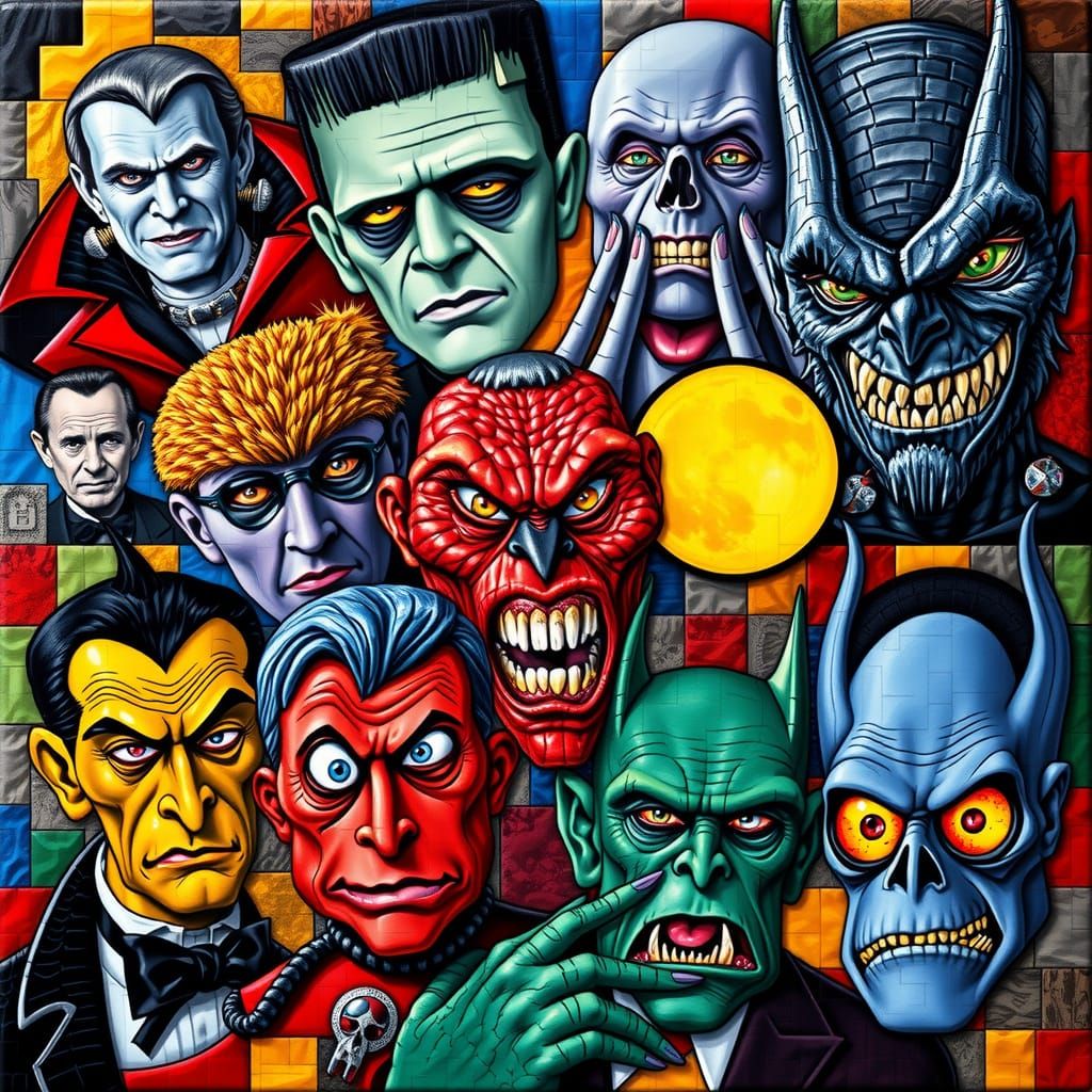 Classic Monsters Unite in Vibrant Cubist Mosaic