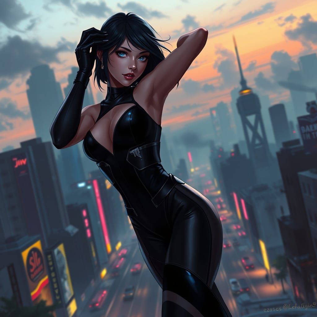 Cyberpunk Goddess Posing in Futuristic Cityscape