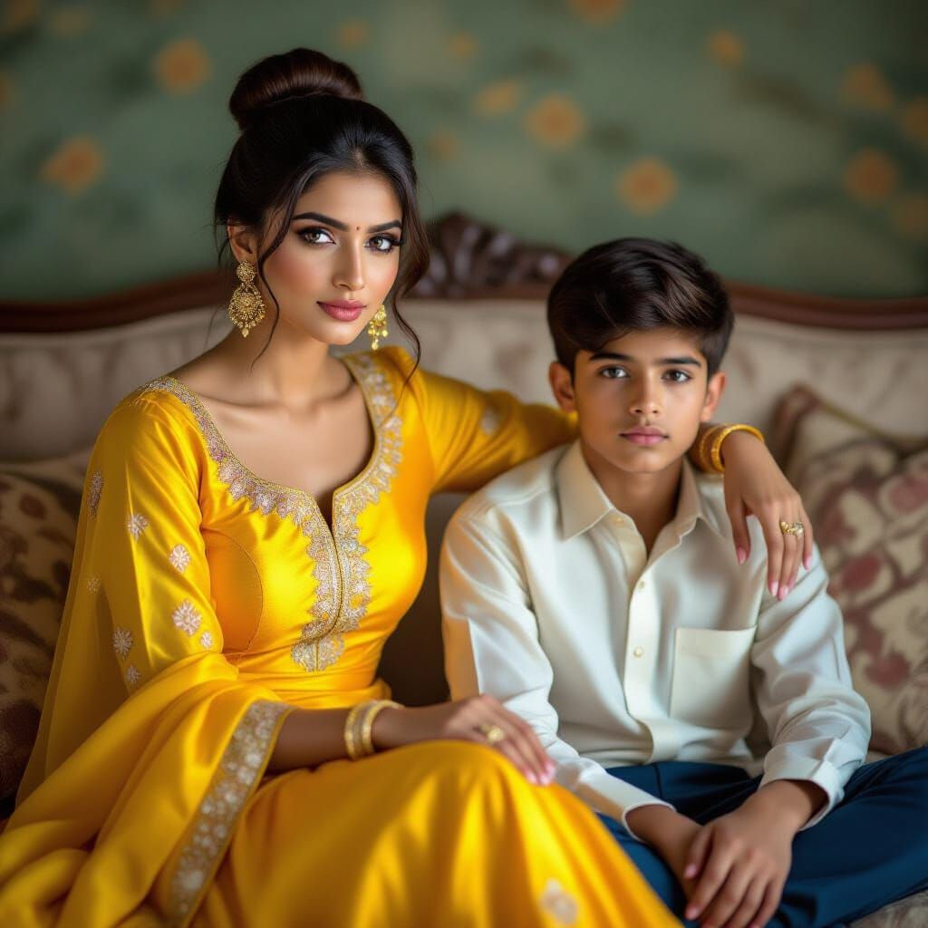 Stunning Indian Woman in Yellow Silk Kameez Poses with Boy