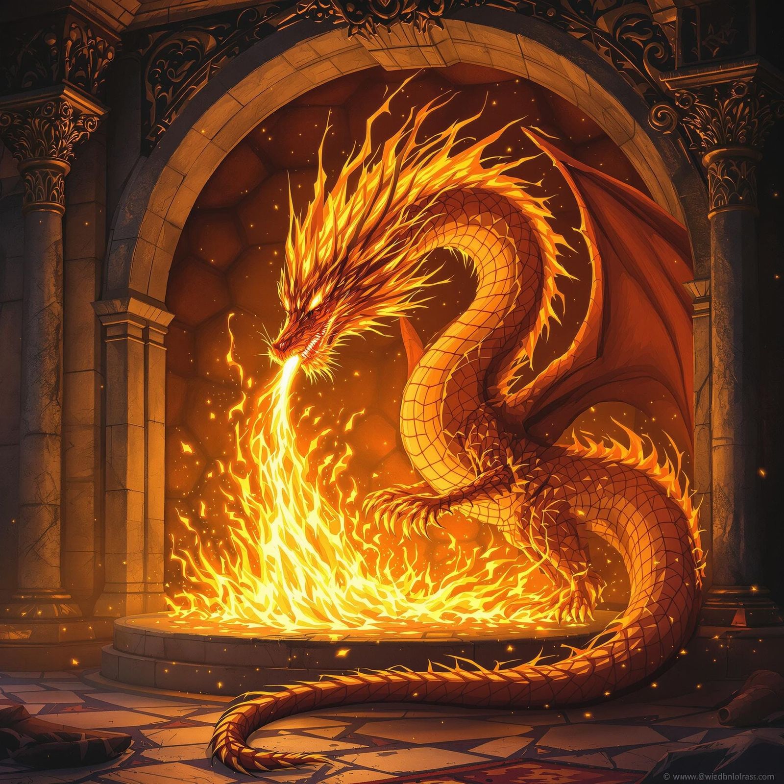 Fiery Dragon in Fireplace, Digital Art
