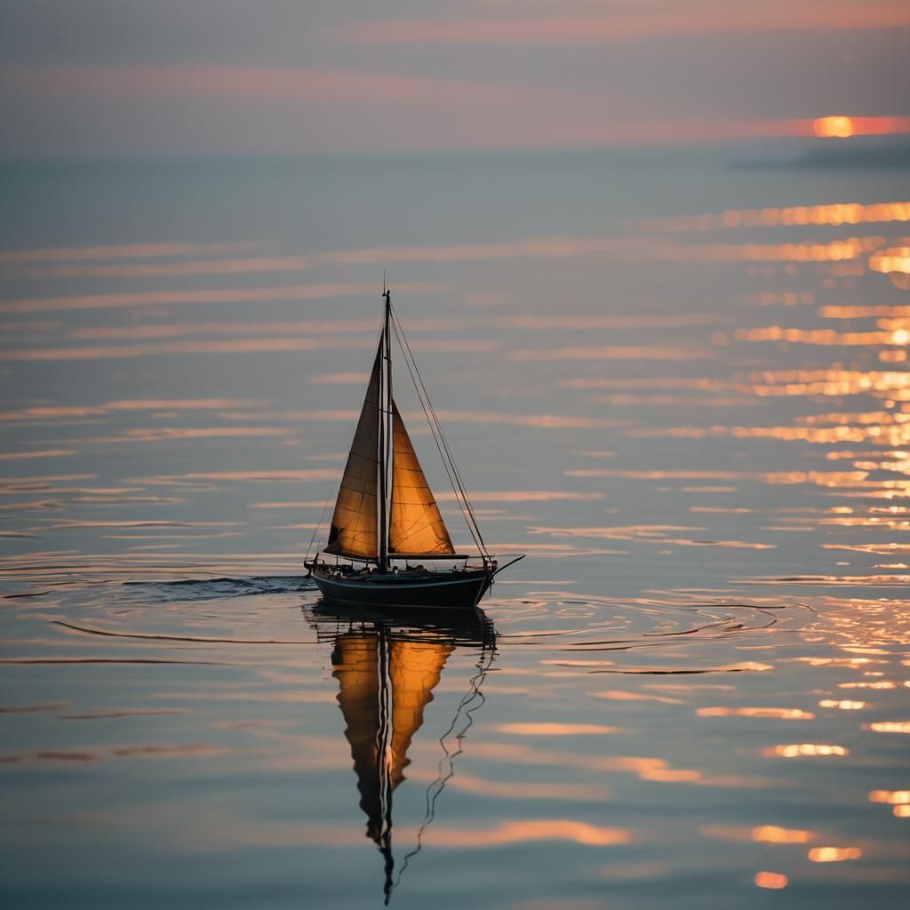 Surreal Sunset Lake Scene with a Sailing Boat