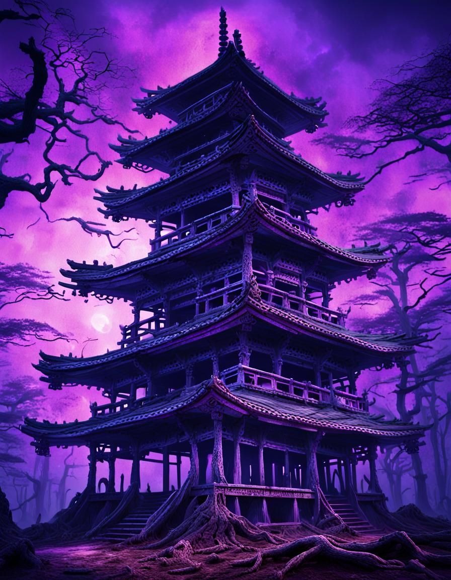 Eerie Pagoda in Dead Forest: Dark Fantasy Art