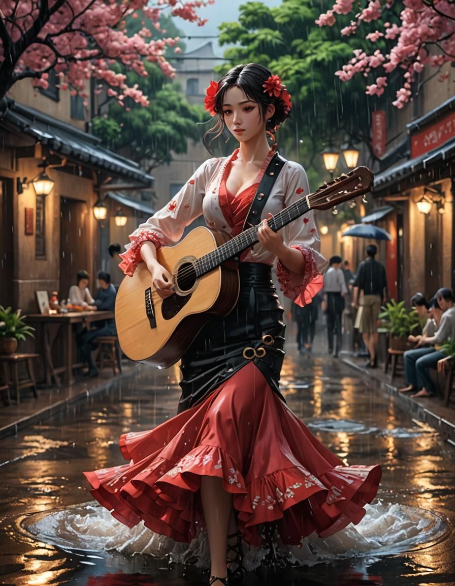 Rainy Day Flowing Water Flamenco in Anime Style