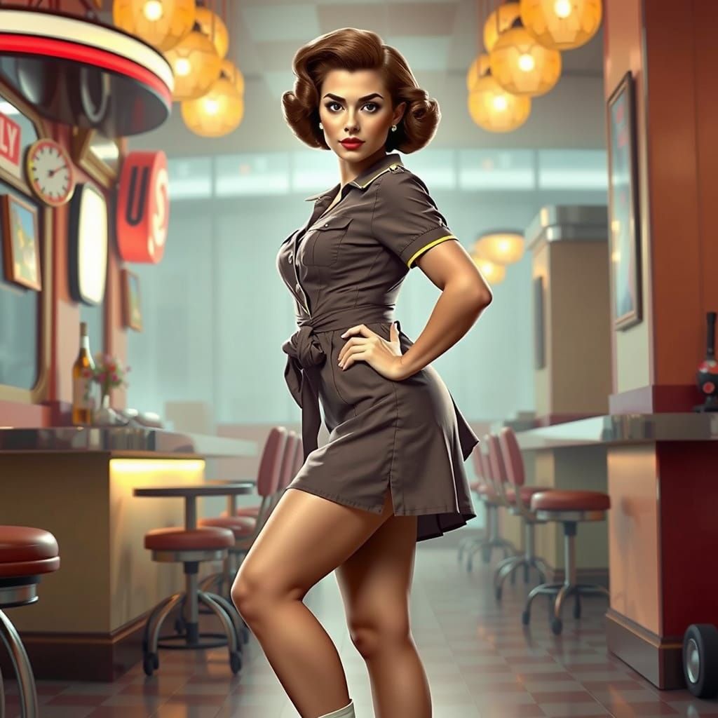 Curvy Diner Waitress in Roller Skates, Playboy Pinup Style