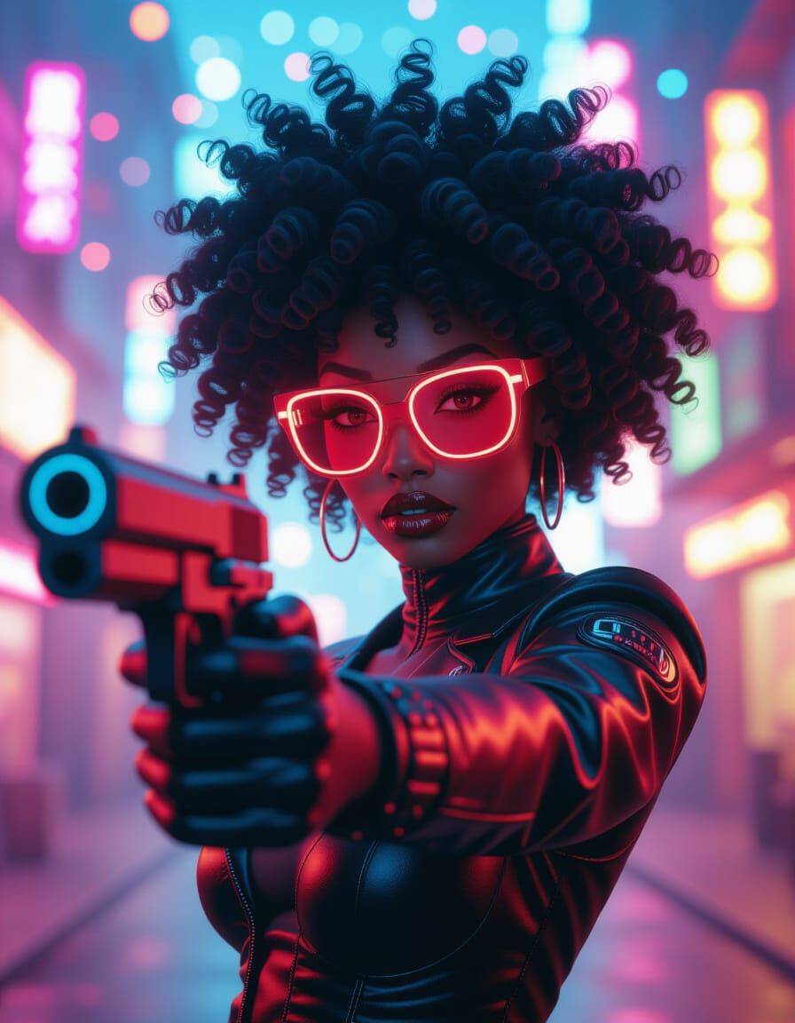 Bioluminescent Afro-Futuristic Woman with Hand Cannon in Cyb...