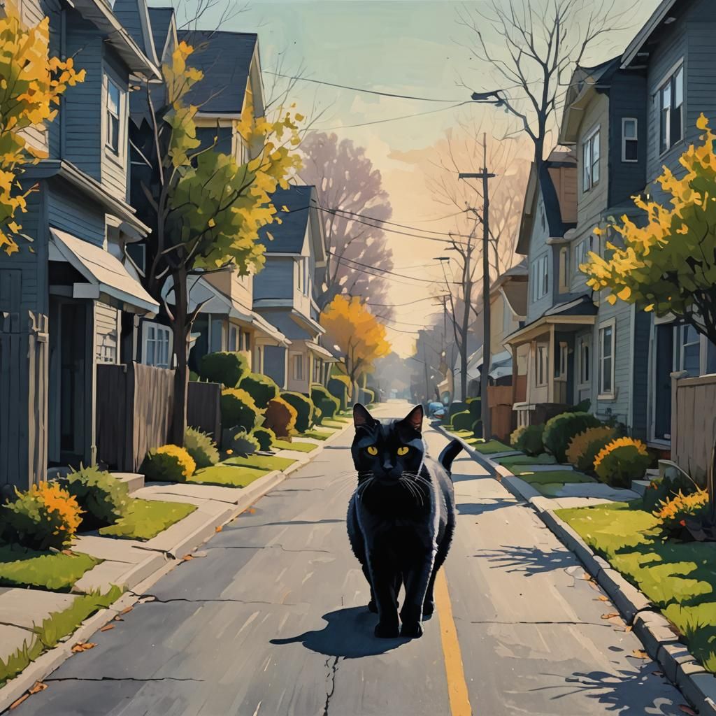 Black Cat Walking Down Suburban Street