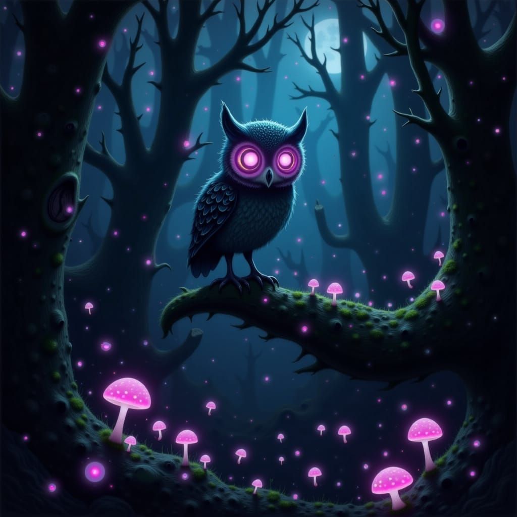 Wise Owl in Bioluminescent Forest, Digital Art