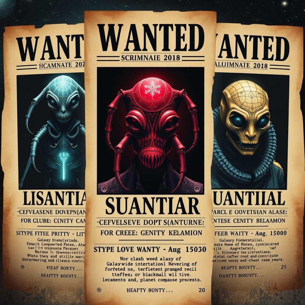 Vintage Sci-Fi Noir Wanted Posters of Alien Criminals
