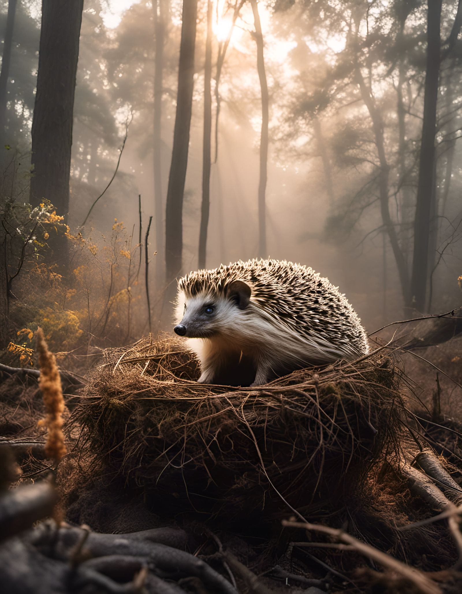 Hedgehog and Owl in Forest Double Exposure