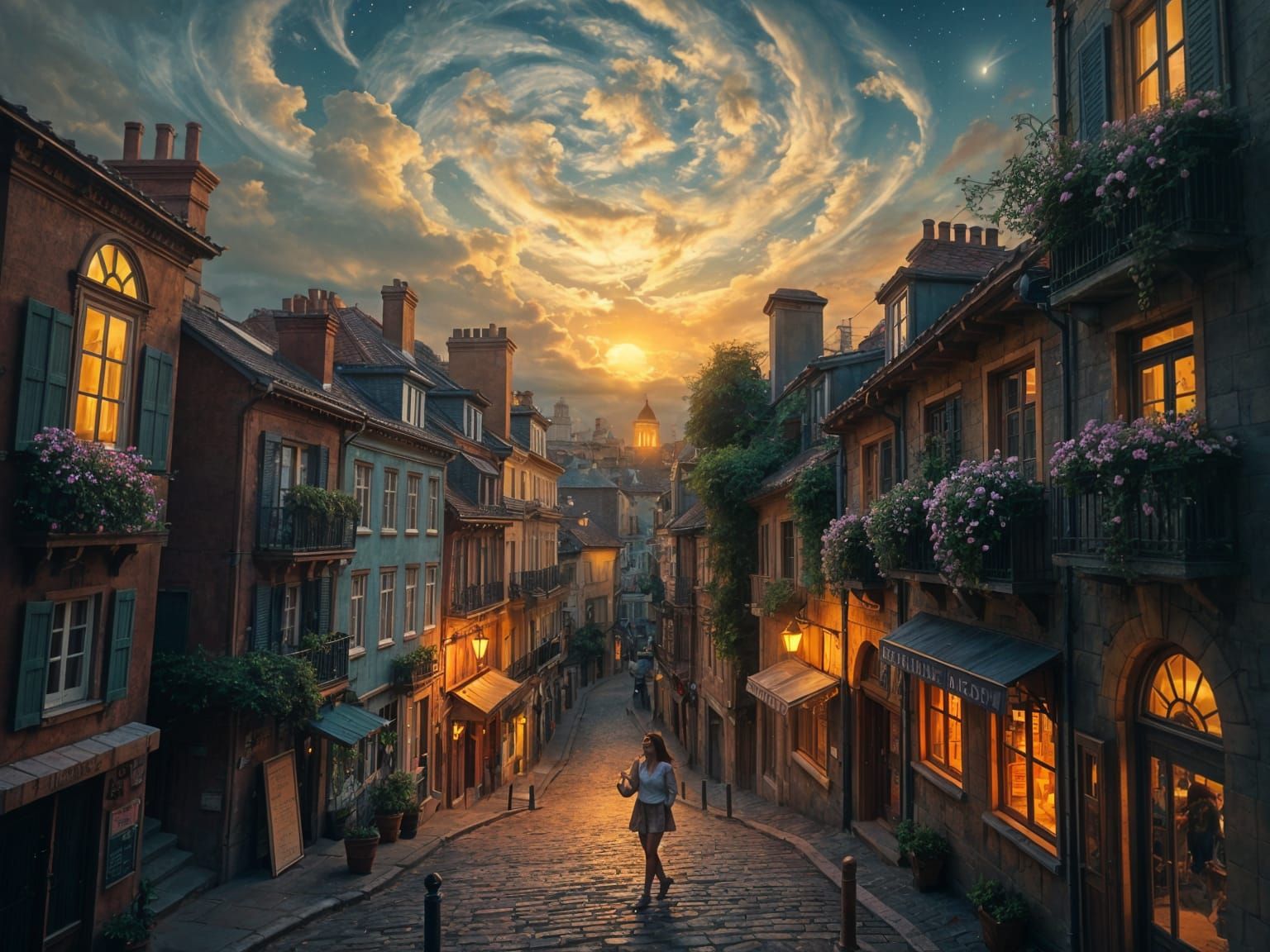 Dreamlike Urban Fantasy with Rooftop Gardens