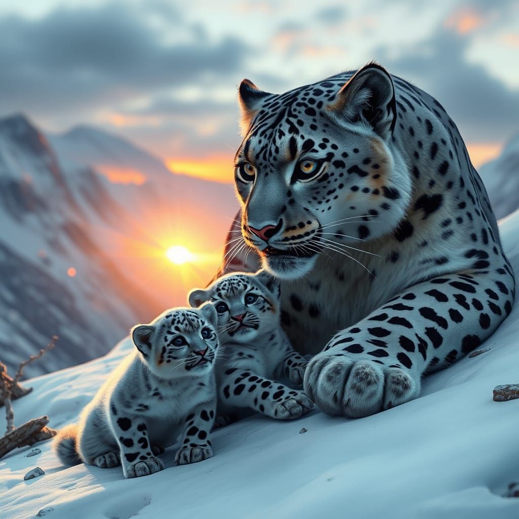 Snow Leopard Family at Sunset: Cinematic Digital Art
