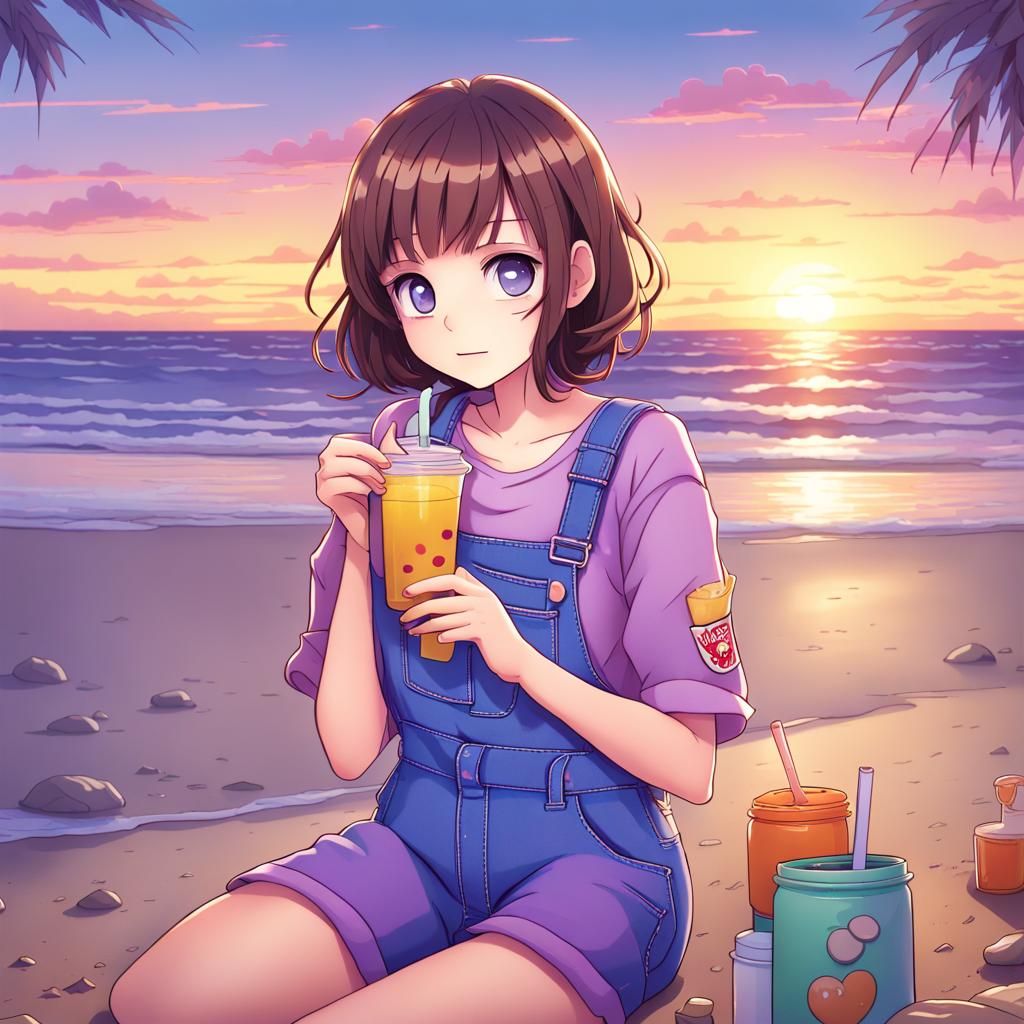 Girl Sipping Boba at Sunset, Anime Style